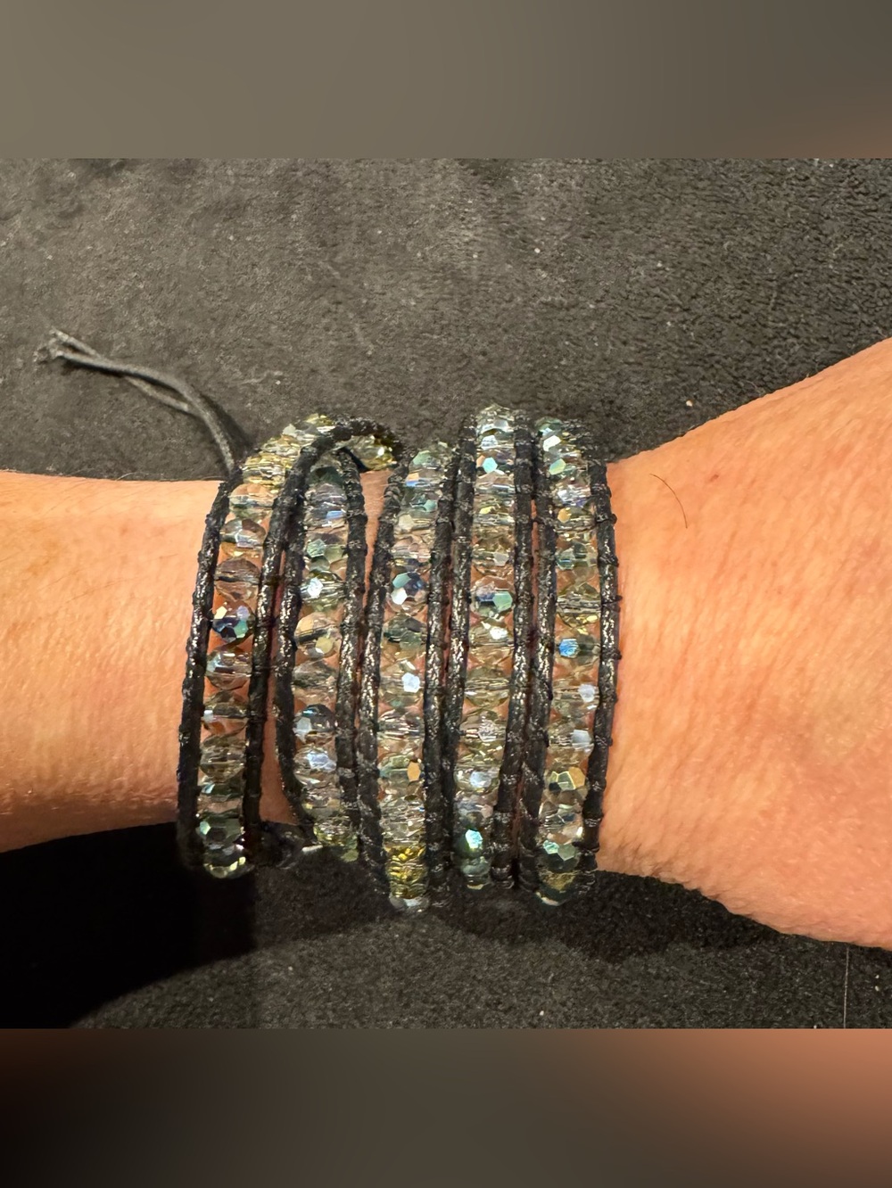 Victoria Emerson 5 Wrap Crystal Beaded Bracelet Black Leather Smoky Green Irides